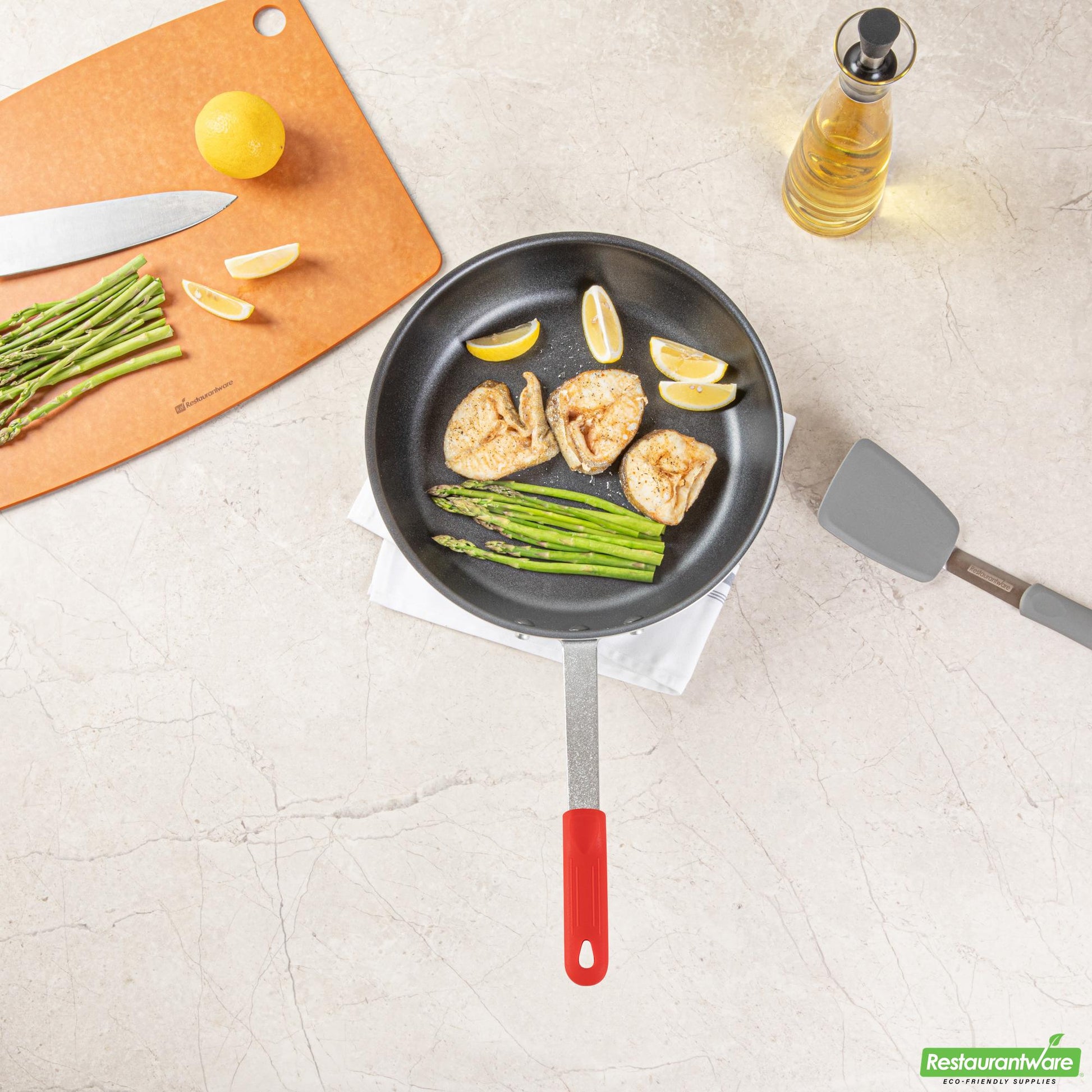 Wholesale Restaurantware Bundle: 6 Aluminum 12" Non-Stick Fry Pans and 6 Red Sleeves- Bulk