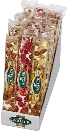 Wholesale Carlier Display With 15 Gourmet Nougat Bars: 5 X Pistachio, 5 X Cranberry And 5 X Hazelnut 3.5Oz / 100G Each Bar- Bulk