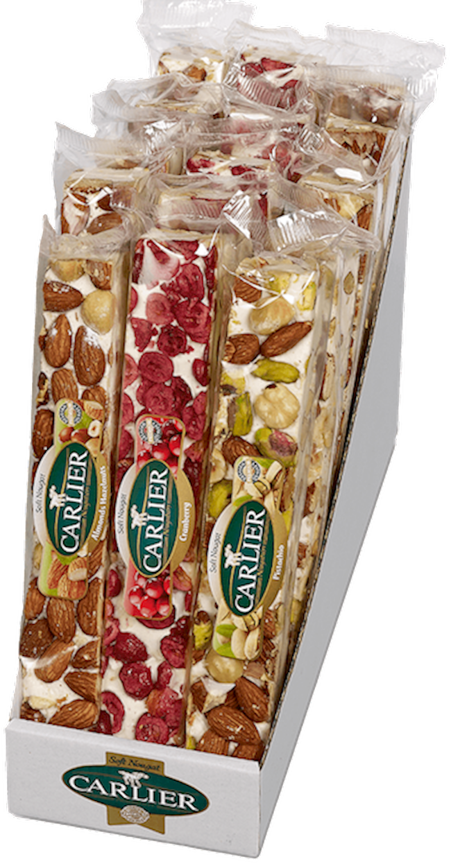 Wholesale Carlier Display featuring 15 Delicious Gourmet Nougat Bars 3.5 OZ- Bulk