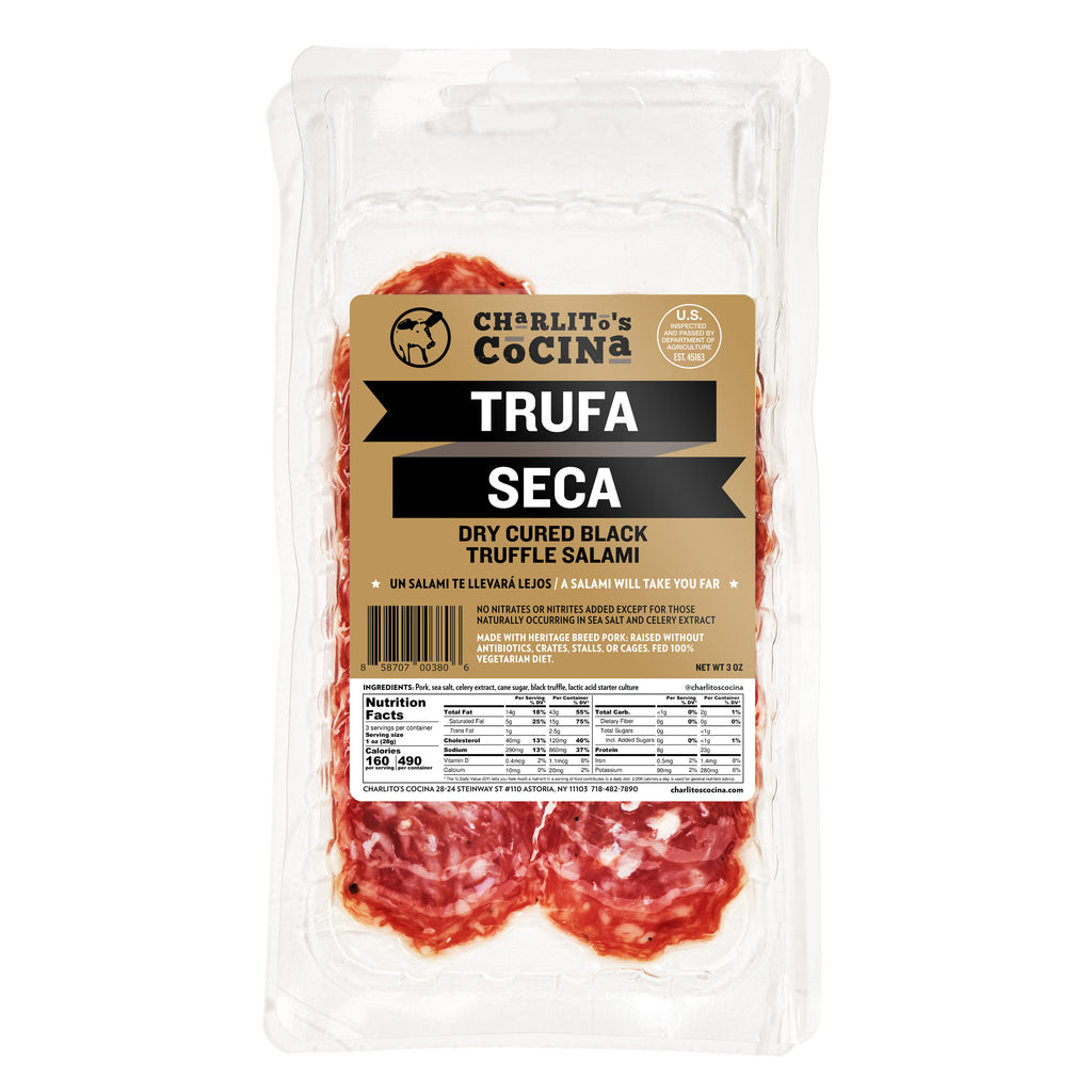 Wholesale Charlito's Cocina Trufa Seca Dry Cured Black Truffle Salami, Sliced, 3 OZ- Bulk
