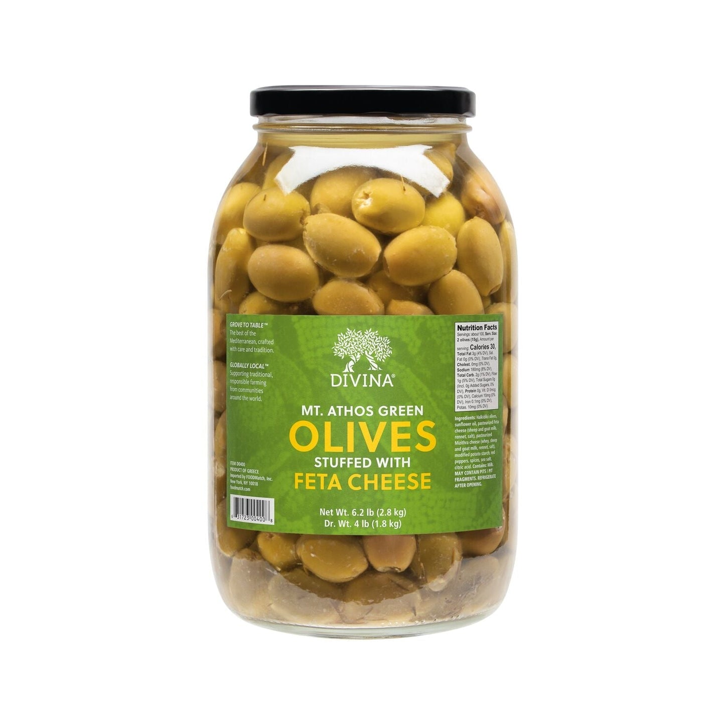 Wholesale Divina Mt. Athos Green Olives Stuffed with Feta Cheese, 7.8 oz Jar- Bulk