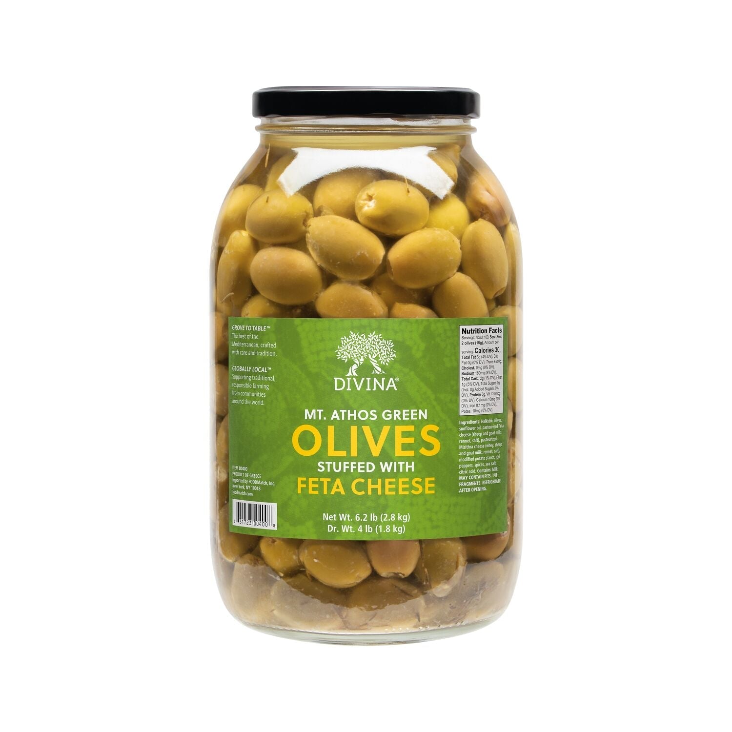 Wholesale Divina Mt. Athos Green Olives Stuffed with Feta Cheese, 7.8 oz Jar- Bulk