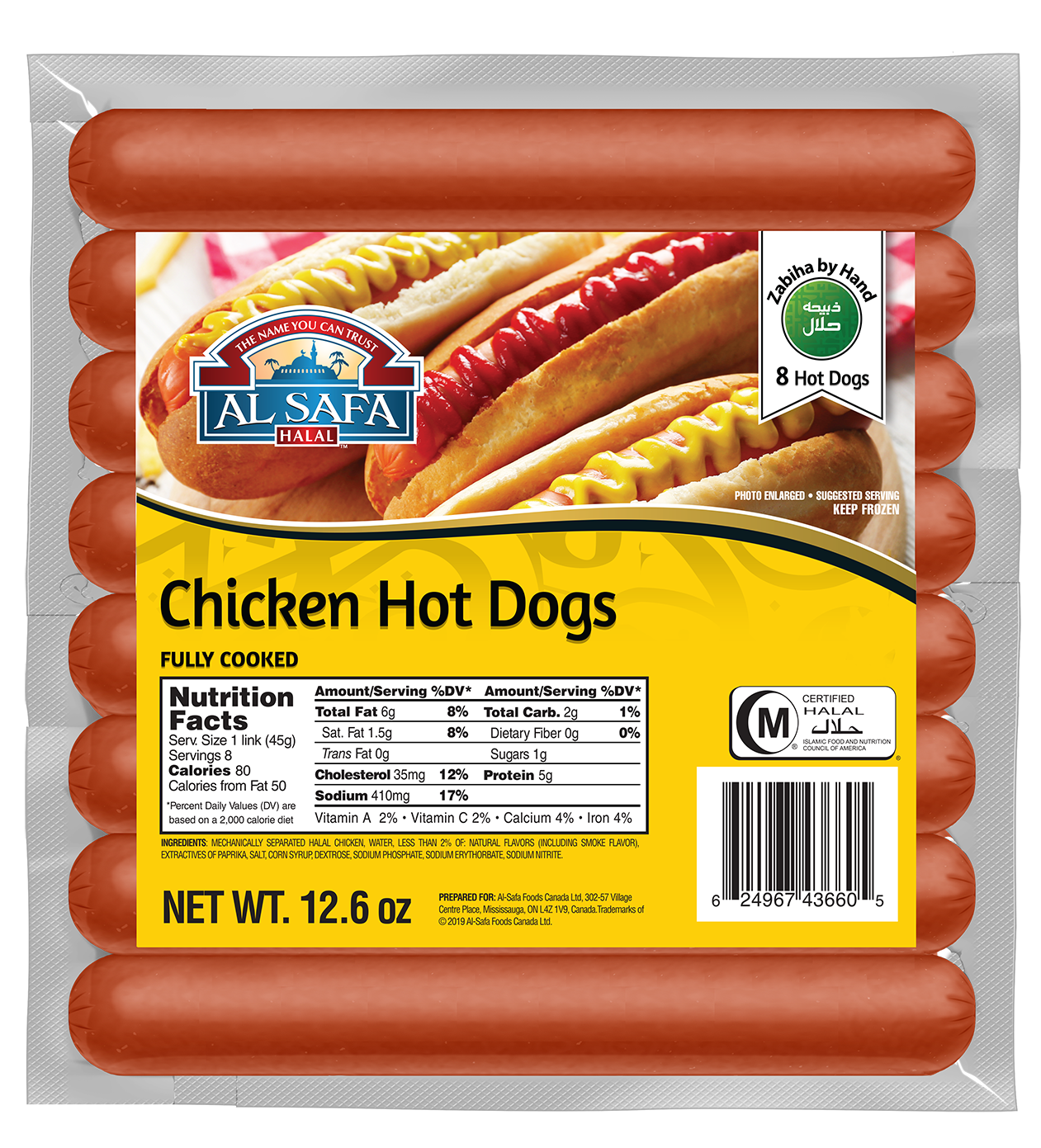Wholesale Al Safa Halal Chicken Hot Dogs 12.6oz- Bulk
