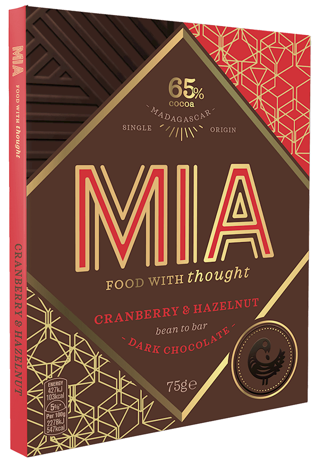 Wholesale Mia Cranberry & Hazelnut 65% Dark Chocolate Bar 2.65 Oz. (75G.)- Bulk