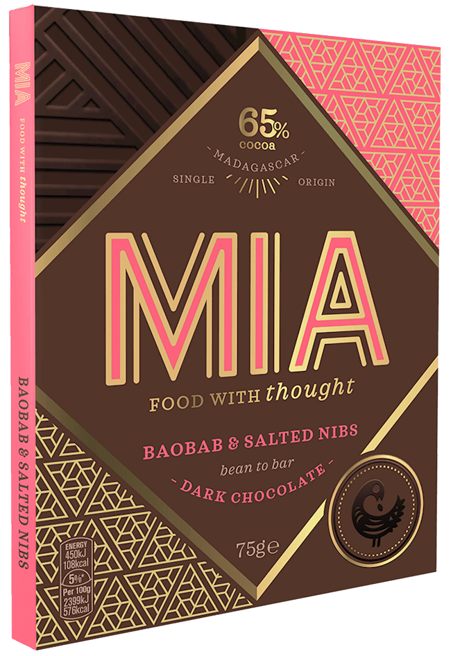 Wholesale Mia Baobab & Salted Nibs 65% Dark Chocolate Bar 2.65 Oz. (75G.)- Bulk
