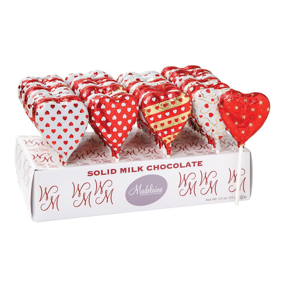 Wholesale Madelaine Milk Chocolate Foiled Heart 0.5 Oz Lollipop- Bulk