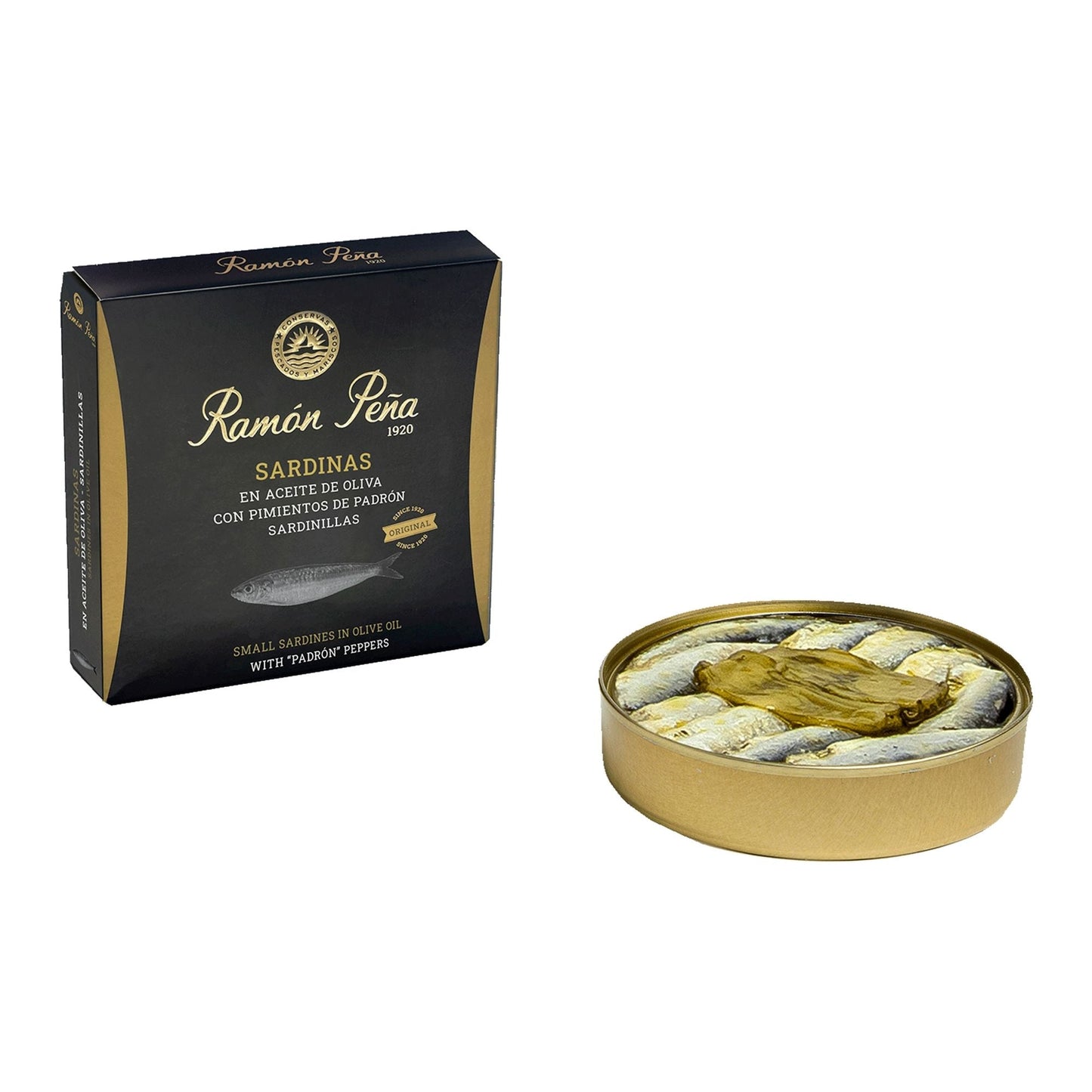 Wholesale Ramon Pena Gold Sardines in Olive Oil w/Padron Peppers ()- Bulk
