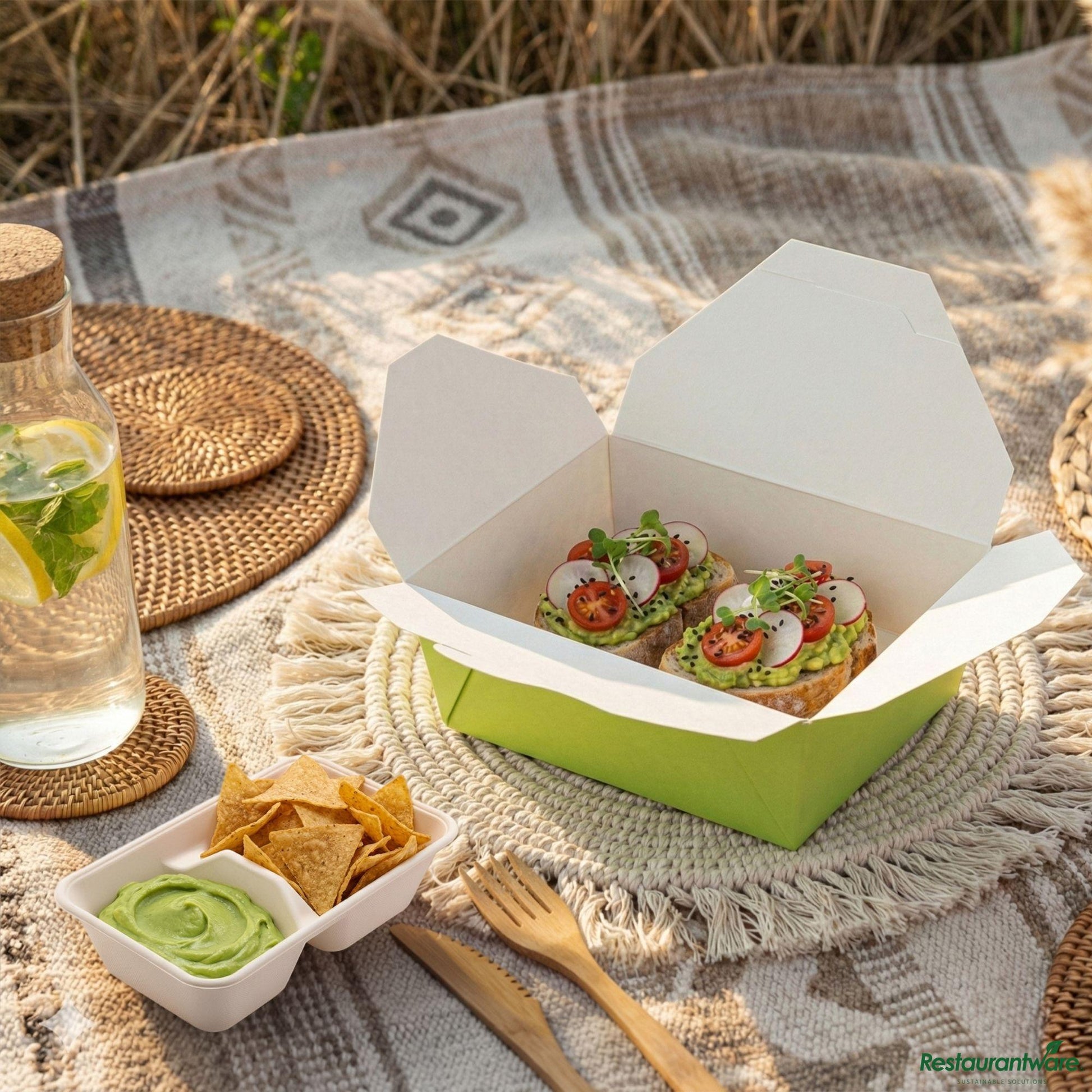 Wholesale Restaurantware Bio Tek 45 Oz Rectangle Eco Green Paper #8 Bio Box Take Out Container - 6 3/4" X 5 1/2" X 2 1/2"- Bulk