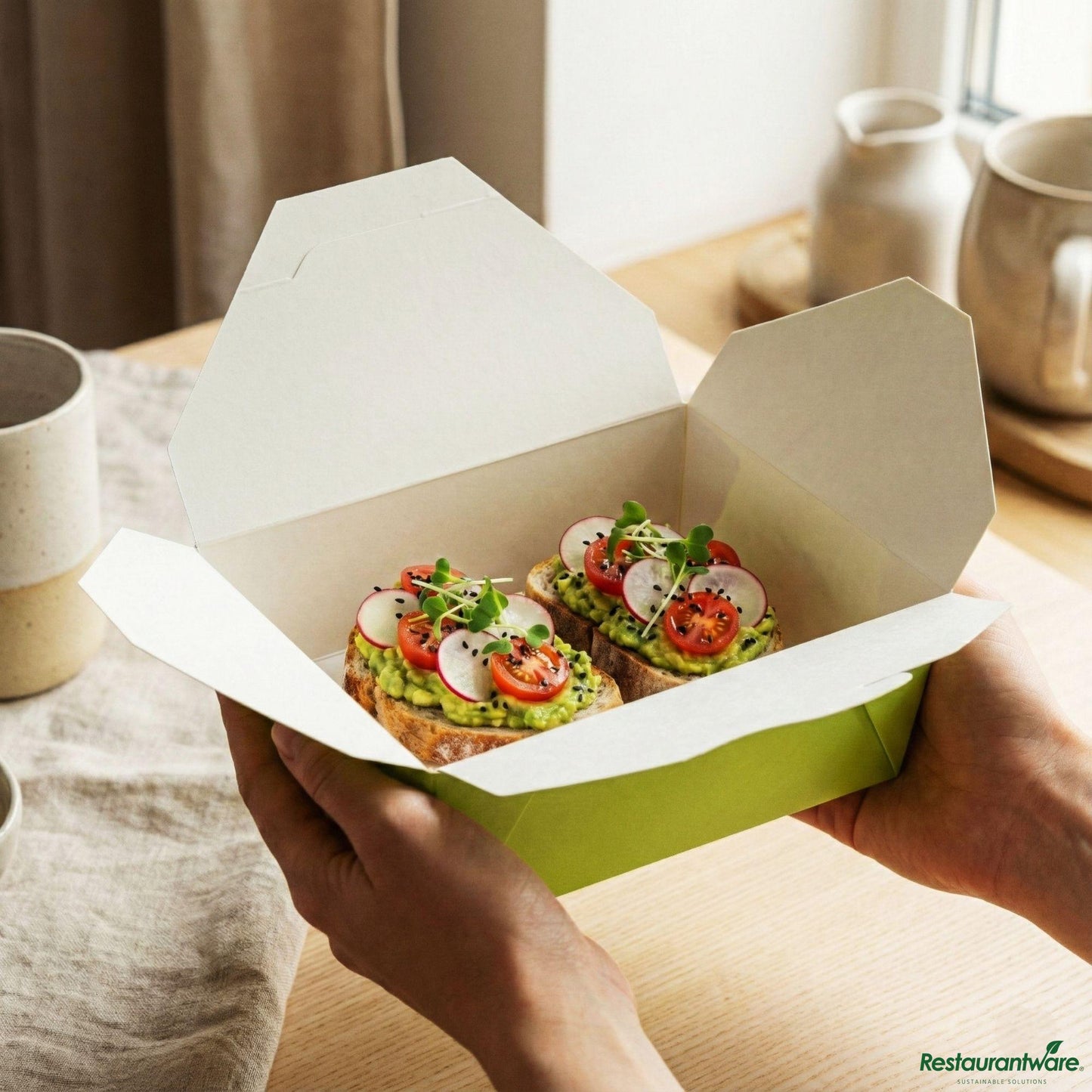 Wholesale Restaurantware Bio Tek 45 Oz Rectangle Eco Green Paper #8 Bio Box Take Out Container - 6 3/4" X 5 1/2" X 2 1/2"- Bulk