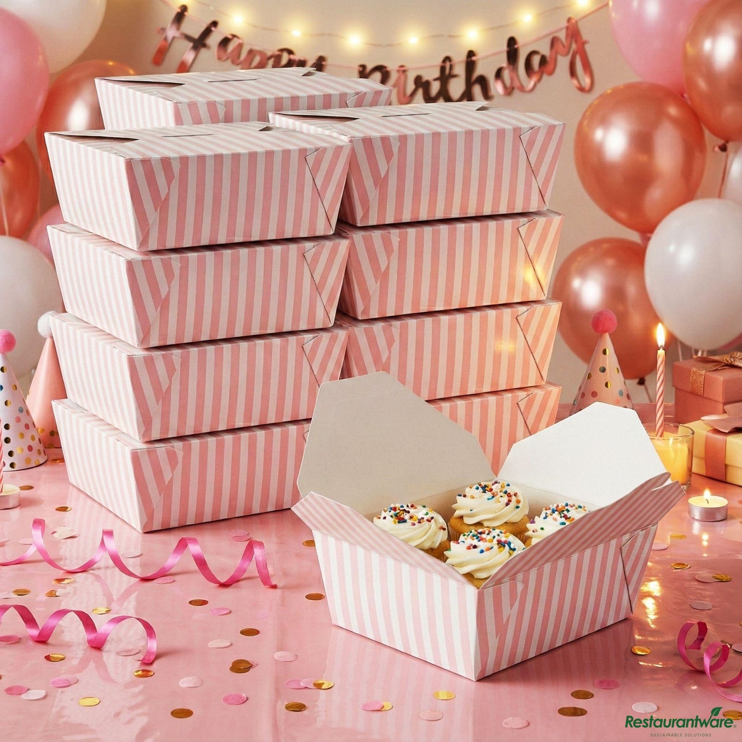 Wholesale Restaurantware Bio Tek 45 Oz Rectangle Pink and White Stripe Paper #8 Bio Box Take Out Container - 6 3/4" X 5 1/2" X 2 1/2"- Bulk