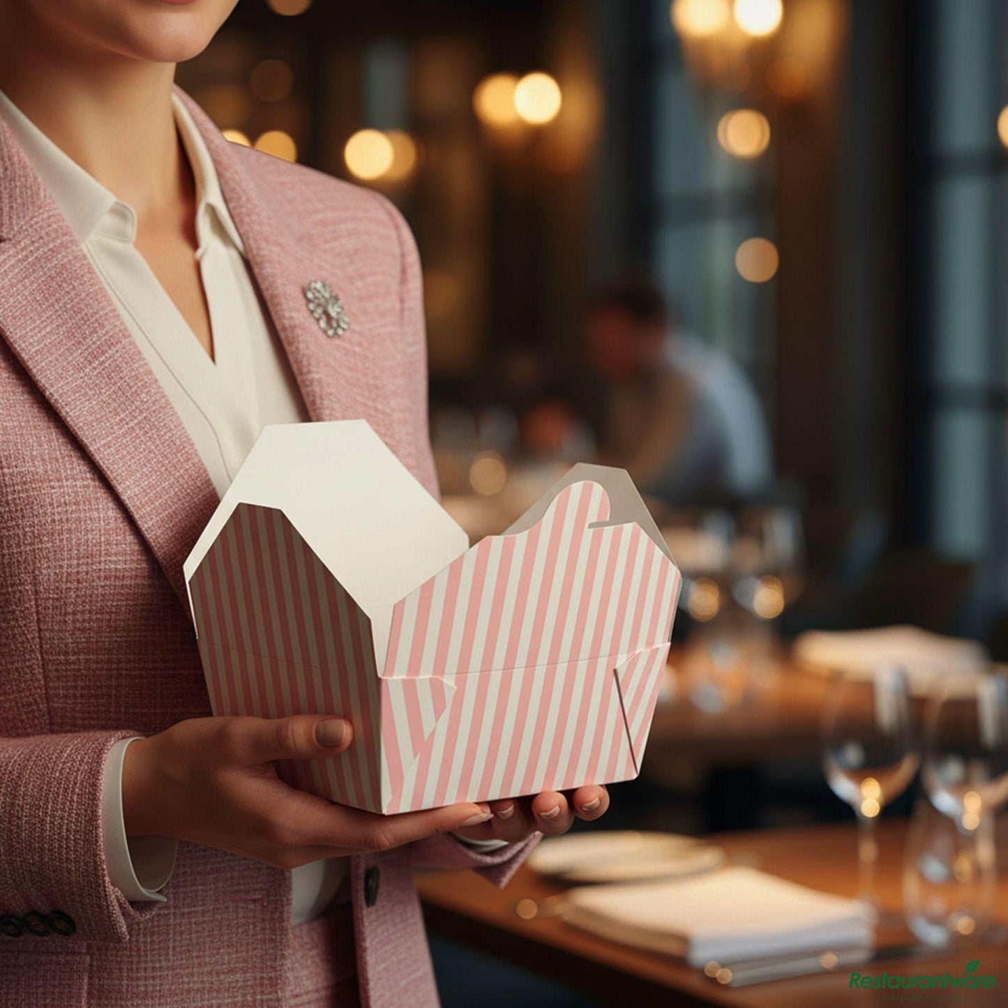 Wholesale Restaurantware Bio Tek 45 Oz Rectangle Pink and White Stripe Paper #8 Bio Box Take Out Container - 6 3/4" X 5 1/2" X 2 1/2"- Bulk
