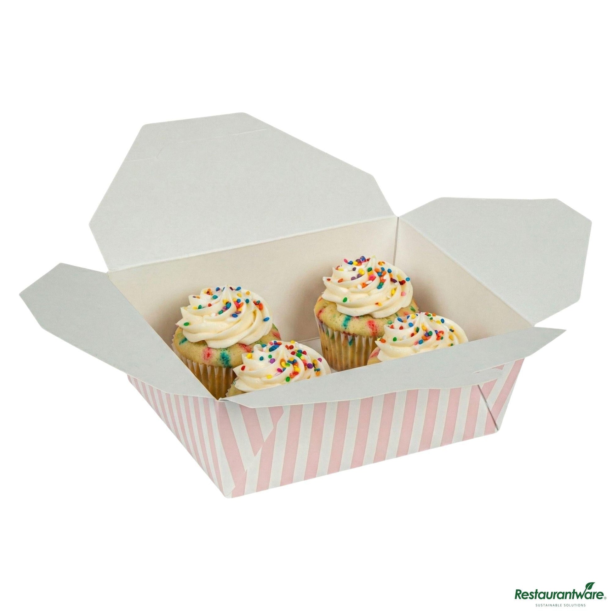 Wholesale Restaurantware Bio Tek 45 Oz Rectangle Pink and White Stripe Paper #8 Bio Box Take Out Container - 6 3/4" X 5 1/2" X 2 1/2"- Bulk