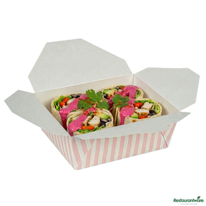 Wholesale Restaurantware Bio Tek 45 Oz Rectangle Pink and White Stripe Paper #8 Bio Box Take Out Container - 6 3/4" X 5 1/2" X 2 1/2"- Bulk