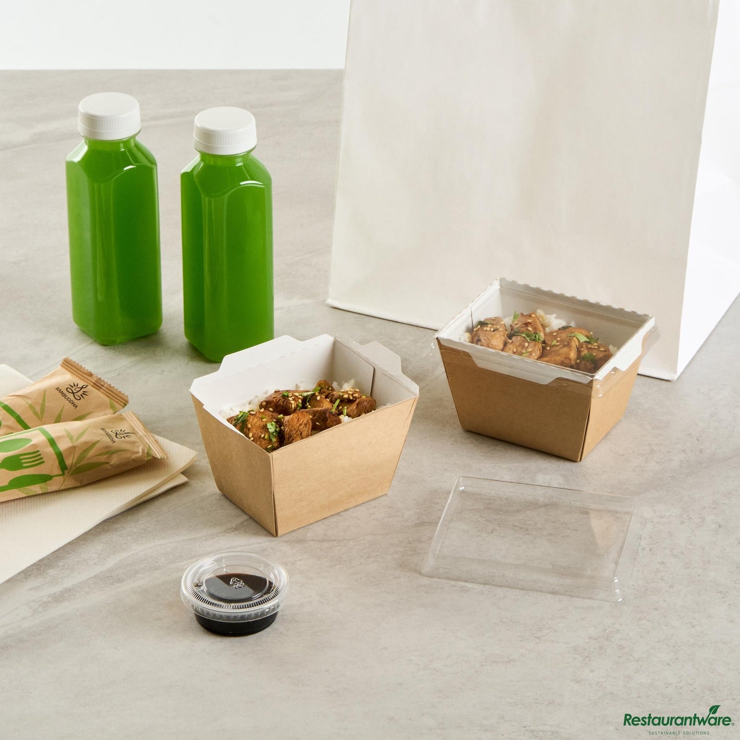 Wholesale Restaurantware Cafe Vision 17 Oz Rectangle Kraft Paper Small Click Lock Container - 4 1/4" X 3 1/4" X 2 3/4"- Bulk