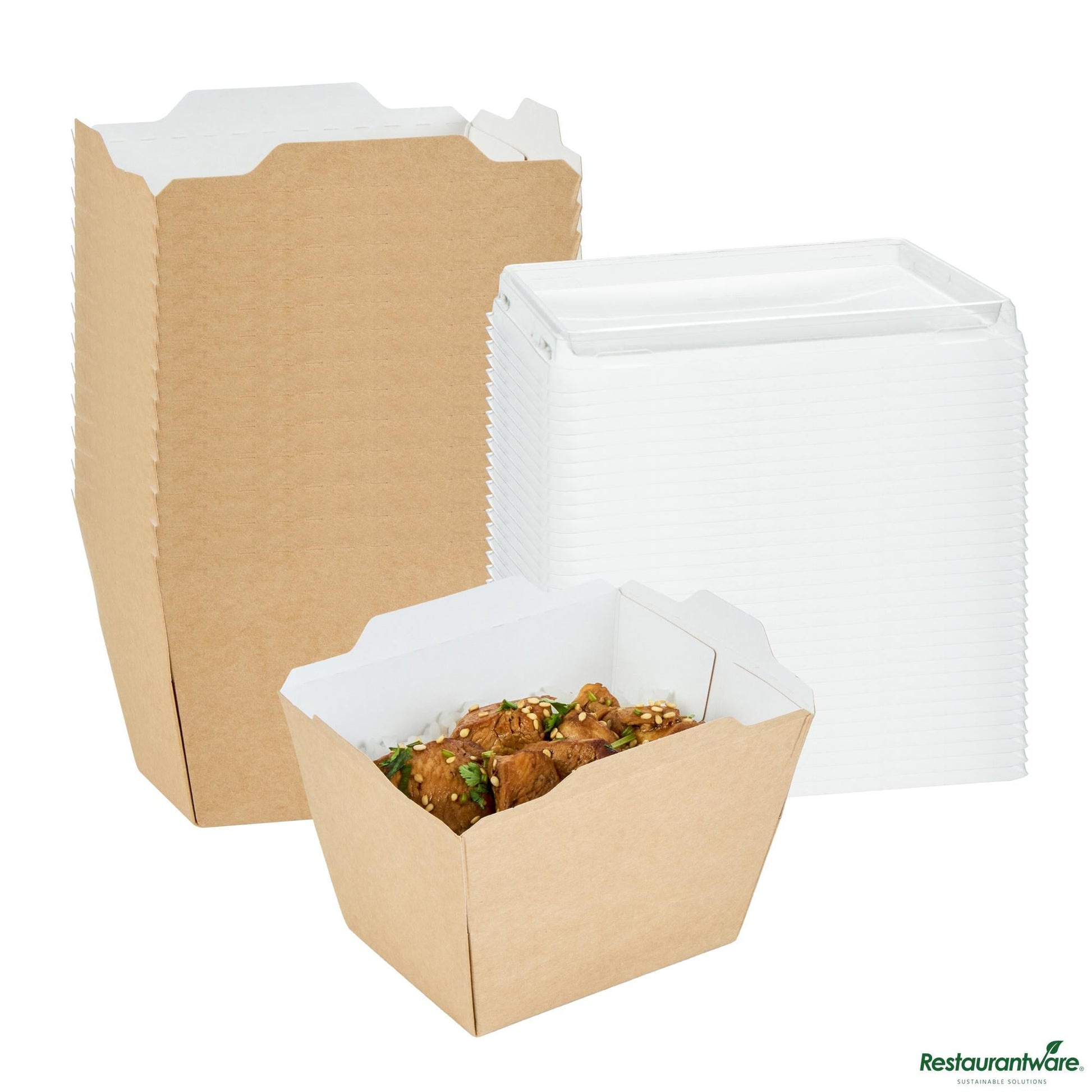 Wholesale Restaurantware Cafe Vision 17 Oz Rectangle Kraft Paper Small Click Lock Container - 4 1/4" X 3 1/4" X 2 3/4"- Bulk