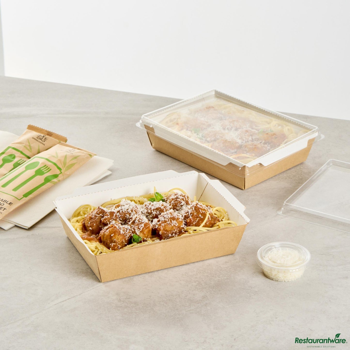Wholesale Restaurantware Cafe Vision 34 Oz Rectangle Kraft Paper Medium Click Lock Container - 7 1/2" X 5 1/2" X 1 3/4"- Bulk