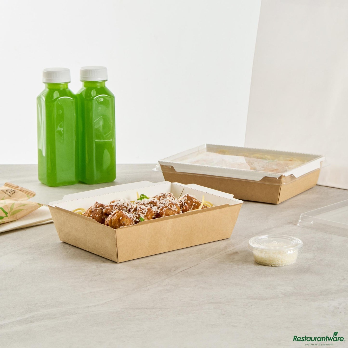Wholesale Restaurantware Cafe Vision 34 Oz Rectangle Kraft Paper Medium Click Lock Container - 7 1/2" X 5 1/2" X 1 3/4"- Bulk
