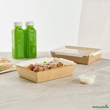 Wholesale Restaurantware Cafe Vision 34 Oz Rectangle Kraft Paper Medium Click Lock Container - 7 1/2" X 5 1/2" X 1 3/4"- Bulk