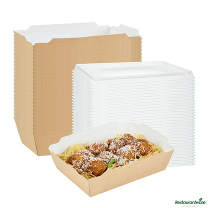 Wholesale Restaurantware Cafe Vision 34 Oz Rectangle Kraft Paper Medium Click Lock Container - 7 1/2" X 5 1/2" X 1 3/4"- Bulk