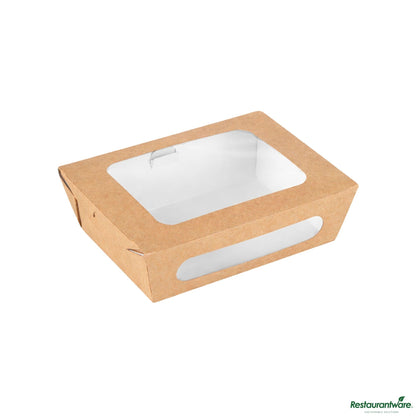 Wholesale Restaurantware Cafe Vision 28 Oz Rectangle Kraft Paper Small Bio Lunch Box - Two Windows - 6 1/4" X 4 3/4" X 2"- Bulk