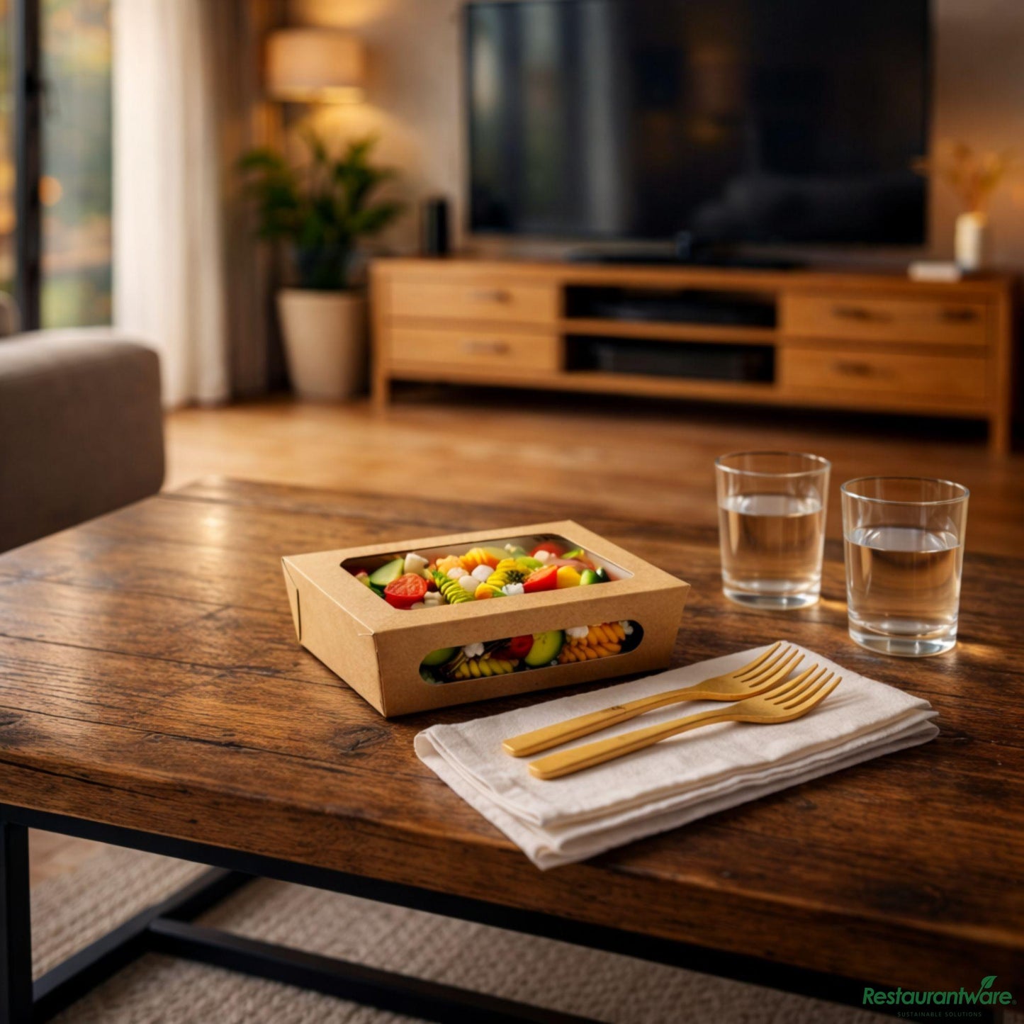 Wholesale Restaurantware Cafe Vision 28 Oz Rectangle Kraft Paper Small Bio Lunch Box - Two Windows - 6 1/4" X 4 3/4" X 2"- Bulk