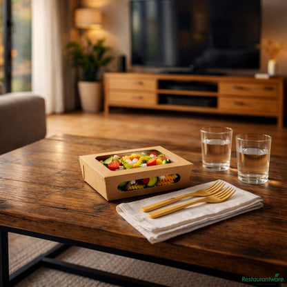 Wholesale Restaurantware Cafe Vision 28 Oz Rectangle Kraft Paper Small Bio Lunch Box - Two Windows - 6 1/4" X 4 3/4" X 2"- Bulk