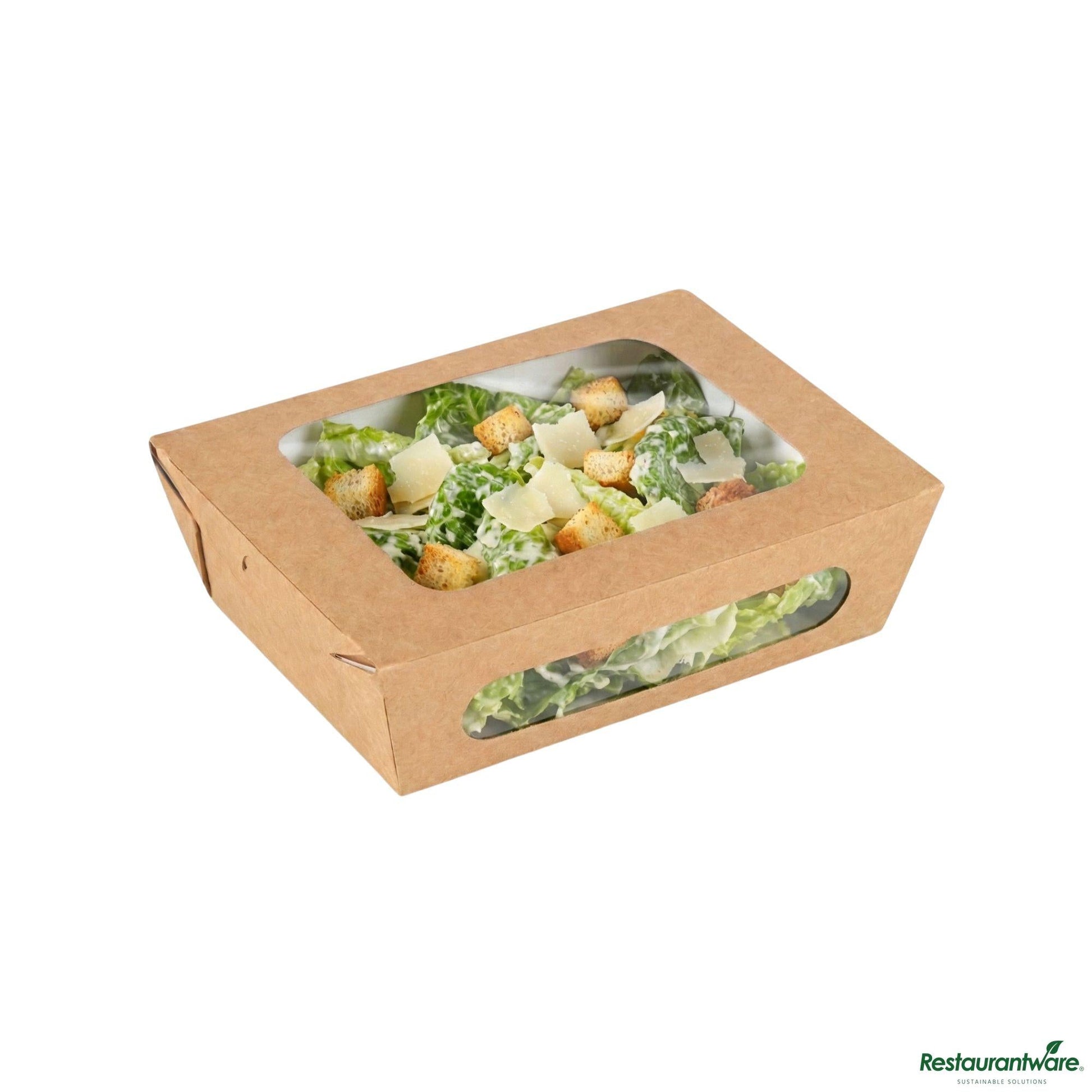 Wholesale Restaurantware Cafe Vision 28 Oz Rectangle Kraft Paper Small Bio Lunch Box - Two Windows - 6 1/4" X 4 3/4" X 2"- Bulk