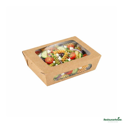 Wholesale Restaurantware Cafe Vision 28 Oz Rectangle Kraft Paper Small Bio Lunch Box - Two Windows - 6 1/4" X 4 3/4" X 2"- Bulk