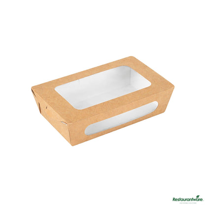 Wholesale Restaurantware Cafe Vision 35 Oz Rectangle Kraft Paper Medium Bio Lunch Box - Two Windows - 8" X 4 3/4" X 2"- Bulk