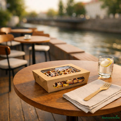 Wholesale Restaurantware Cafe Vision 35 Oz Rectangle Kraft Paper Medium Bio Lunch Box - Two Windows - 8" X 4 3/4" X 2"- Bulk