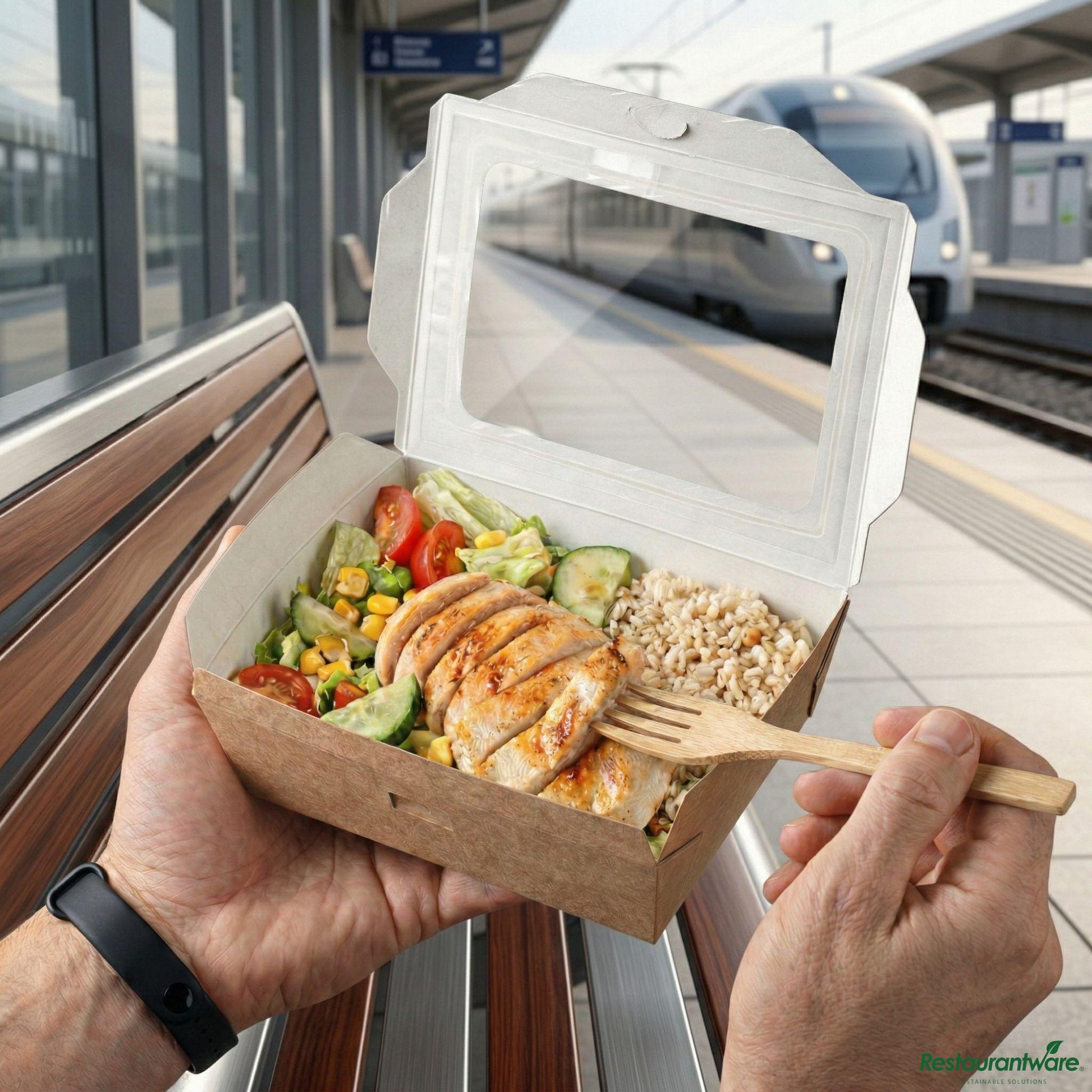 Wholesale Restaurantware Cafe Vision 35 Oz Rectangle Kraft Paper Medium Bio Lunch Box - Two Windows - 8" X 4 3/4" X 2"- Bulk