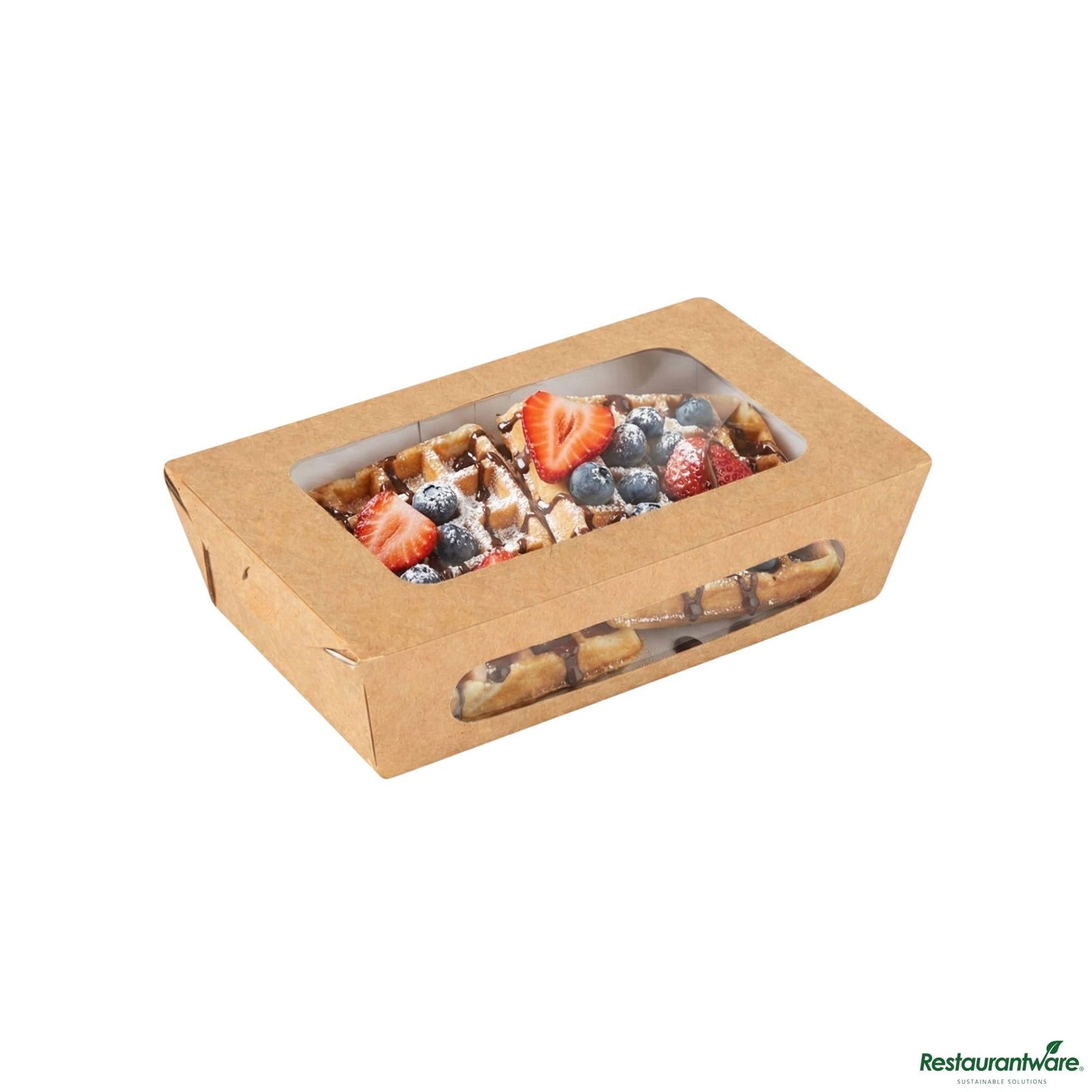 Wholesale Restaurantware Cafe Vision 35 Oz Rectangle Kraft Paper Medium Bio Lunch Box - Two Windows - 8" X 4 3/4" X 2"- Bulk