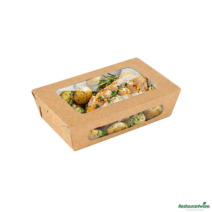 Wholesale Restaurantware Cafe Vision 35 Oz Rectangle Kraft Paper Medium Bio Lunch Box - Two Windows - 8" X 4 3/4" X 2"- Bulk