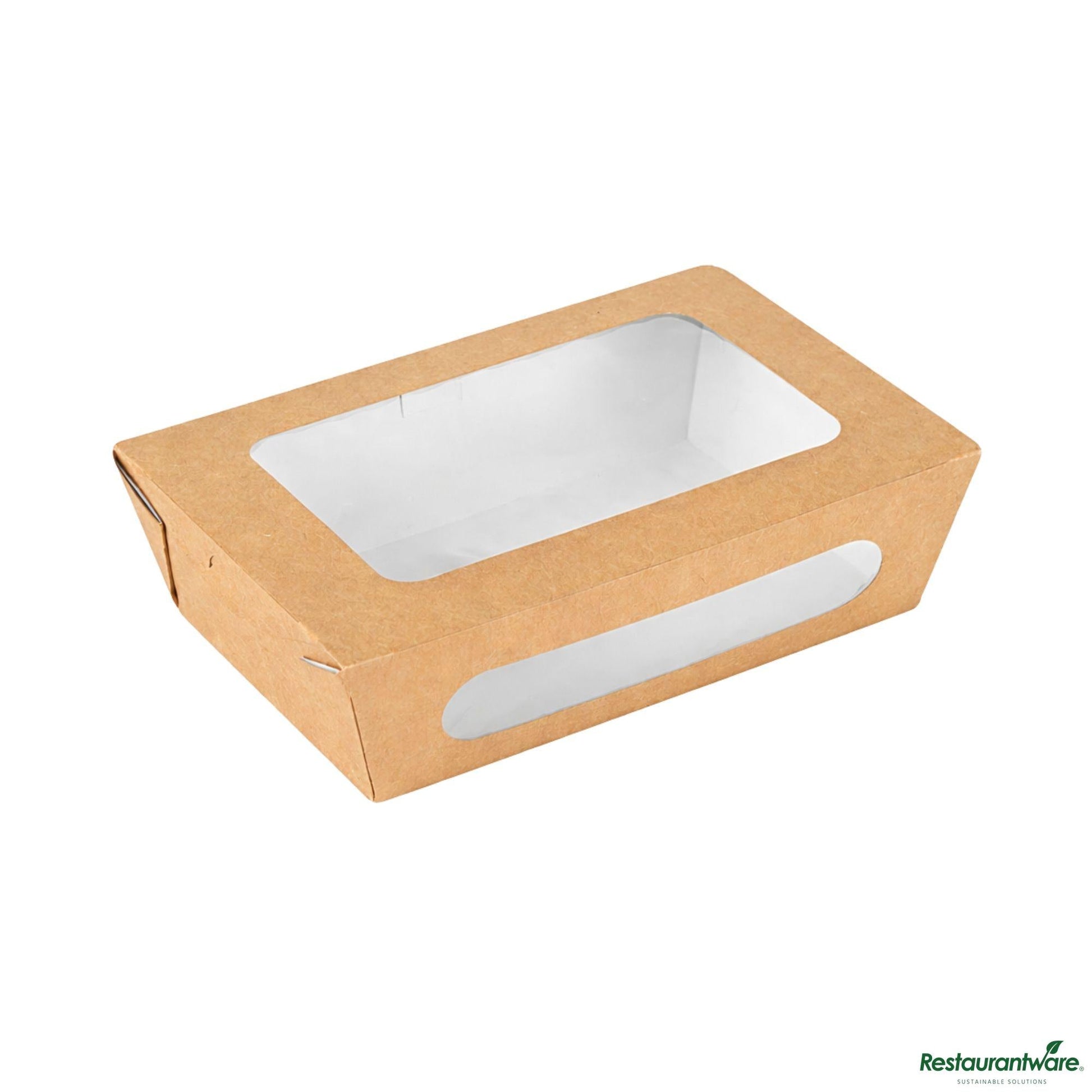 Wholesale Restaurantware Cafe Vision 57 Oz Rectangle Kraft Paper Extra Large Bio Lunch Box - Two Windows - 8" X 5 1/2" X 2 1/2"- Bulk