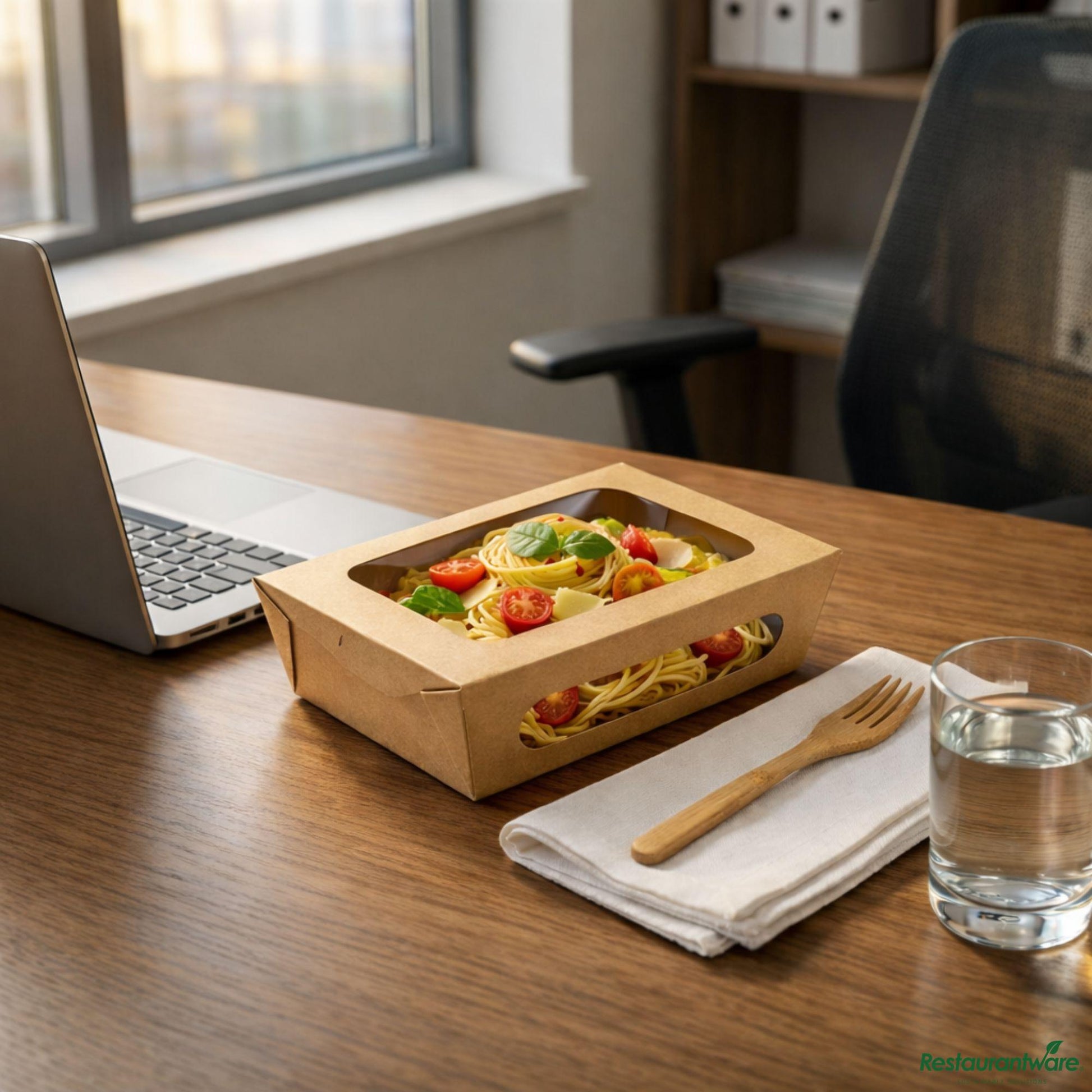 Wholesale Restaurantware Cafe Vision 57 Oz Rectangle Kraft Paper Extra Large Bio Lunch Box - Two Windows - 8" X 5 1/2" X 2 1/2"- Bulk