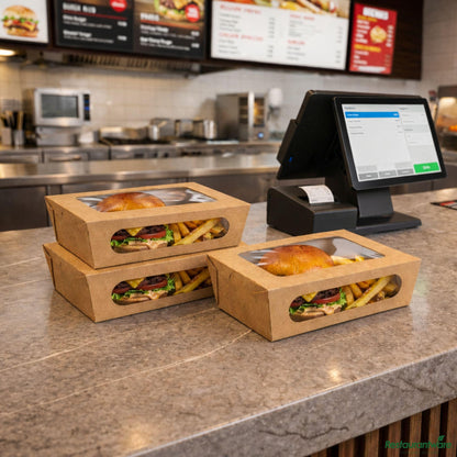 Wholesale Restaurantware Cafe Vision 57 Oz Rectangle Kraft Paper Extra Large Bio Lunch Box - Two Windows - 8" X 5 1/2" X 2 1/2"- Bulk