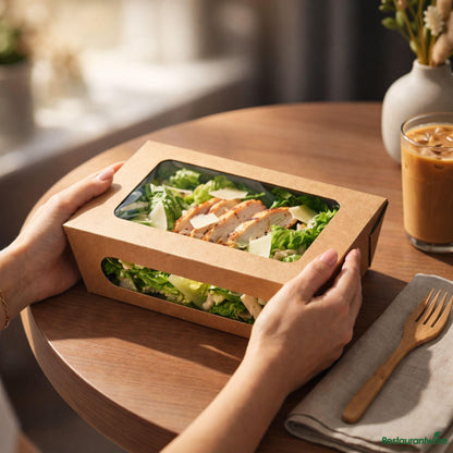 Wholesale Restaurantware Cafe Vision 57 Oz Rectangle Kraft Paper Extra Large Bio Lunch Box - Two Windows - 8" X 5 1/2" X 2 1/2"- Bulk