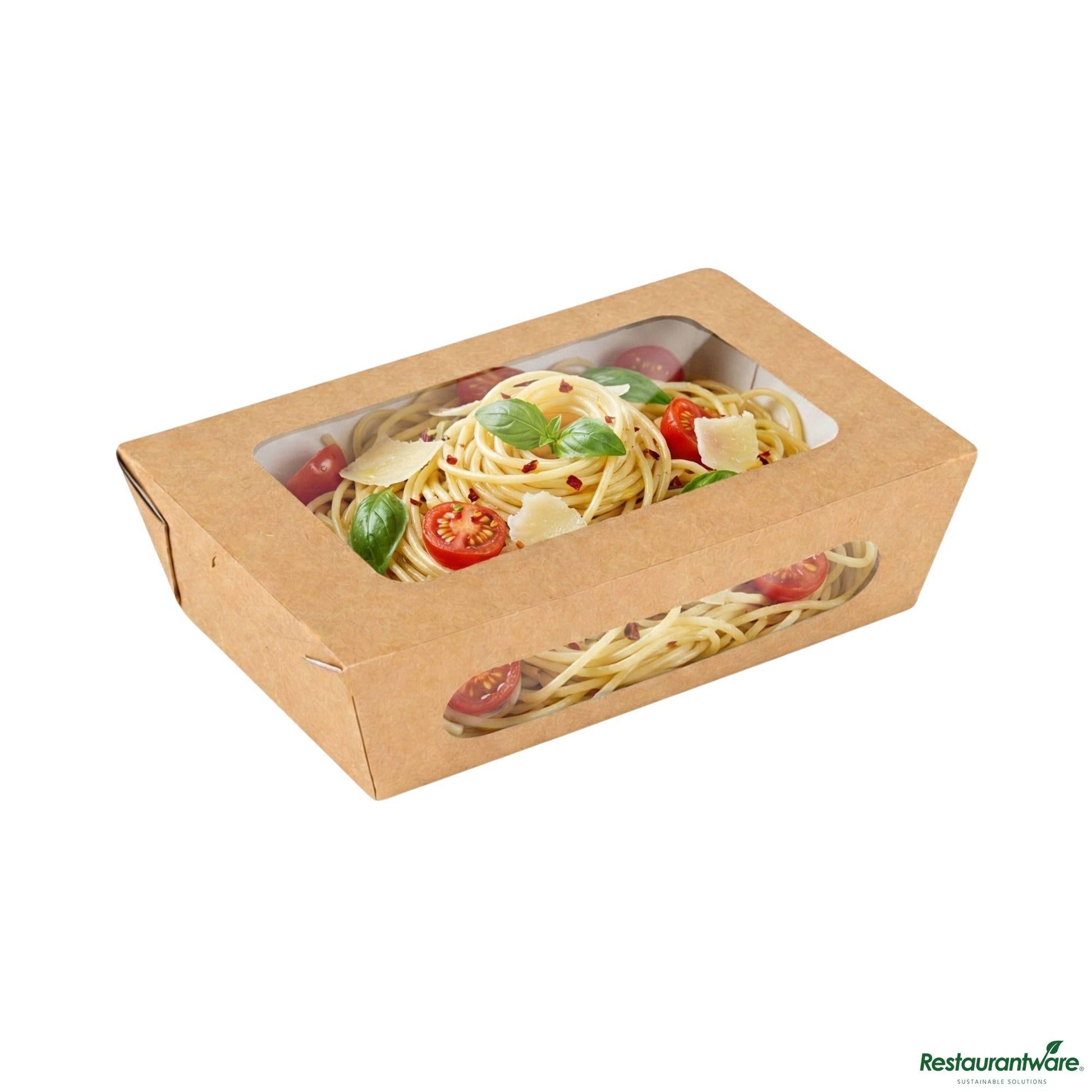 Wholesale Restaurantware Cafe Vision 57 Oz Rectangle Kraft Paper Extra Large Bio Lunch Box - Two Windows - 8" X 5 1/2" X 2 1/2"- Bulk