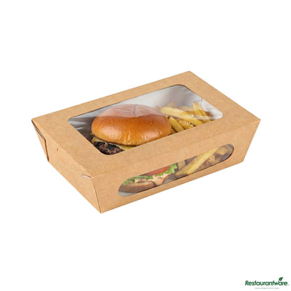 Wholesale Restaurantware Cafe Vision 57 Oz Rectangle Kraft Paper Extra Large Bio Lunch Box - Two Windows - 8" X 5 1/2" X 2 1/2"- Bulk