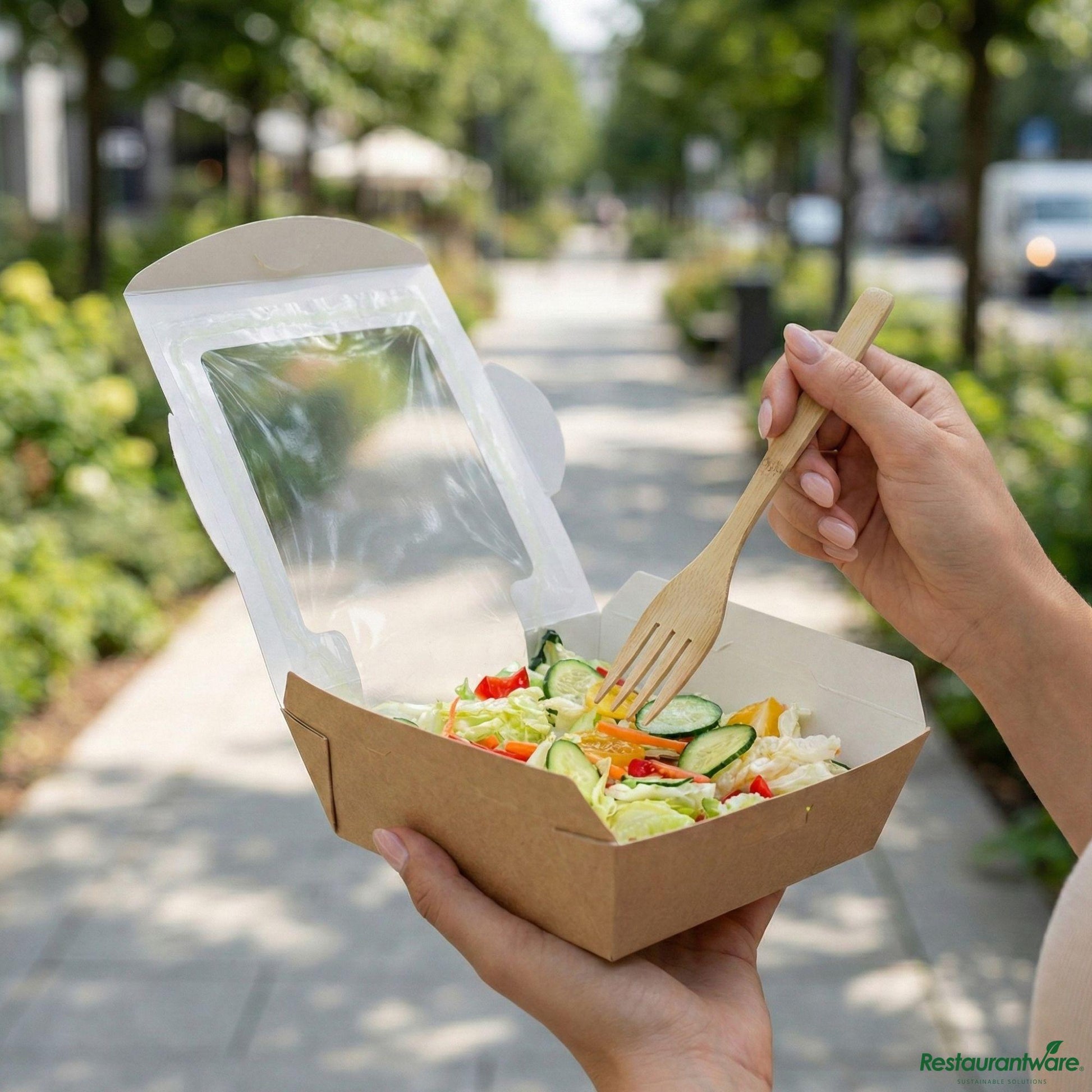 Wholesale Restaurantware Cafe Vision 26 Oz Rectangle Kraft Paper Medium Bio Salad Box - 5 3/4" X 5 3/4" X 1 3/4"- Bulk