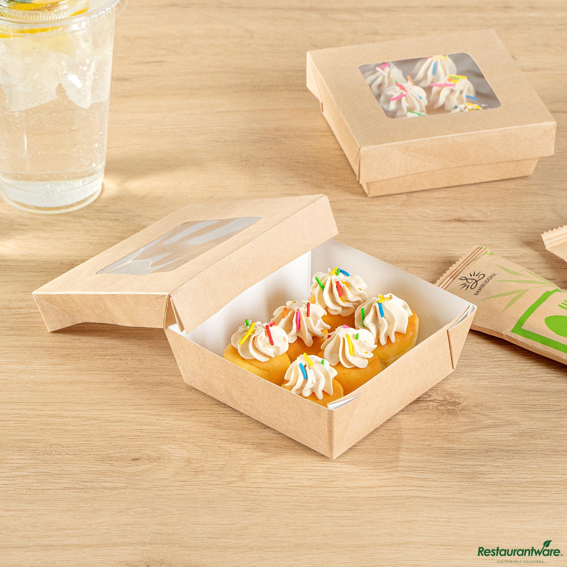 Wholesale Restaurantware Cafe Vision 13 Oz Square Kraft Paper Small Take Out Container - 4 1/2" X 4 1/2" X 1 1/2"- Bulk