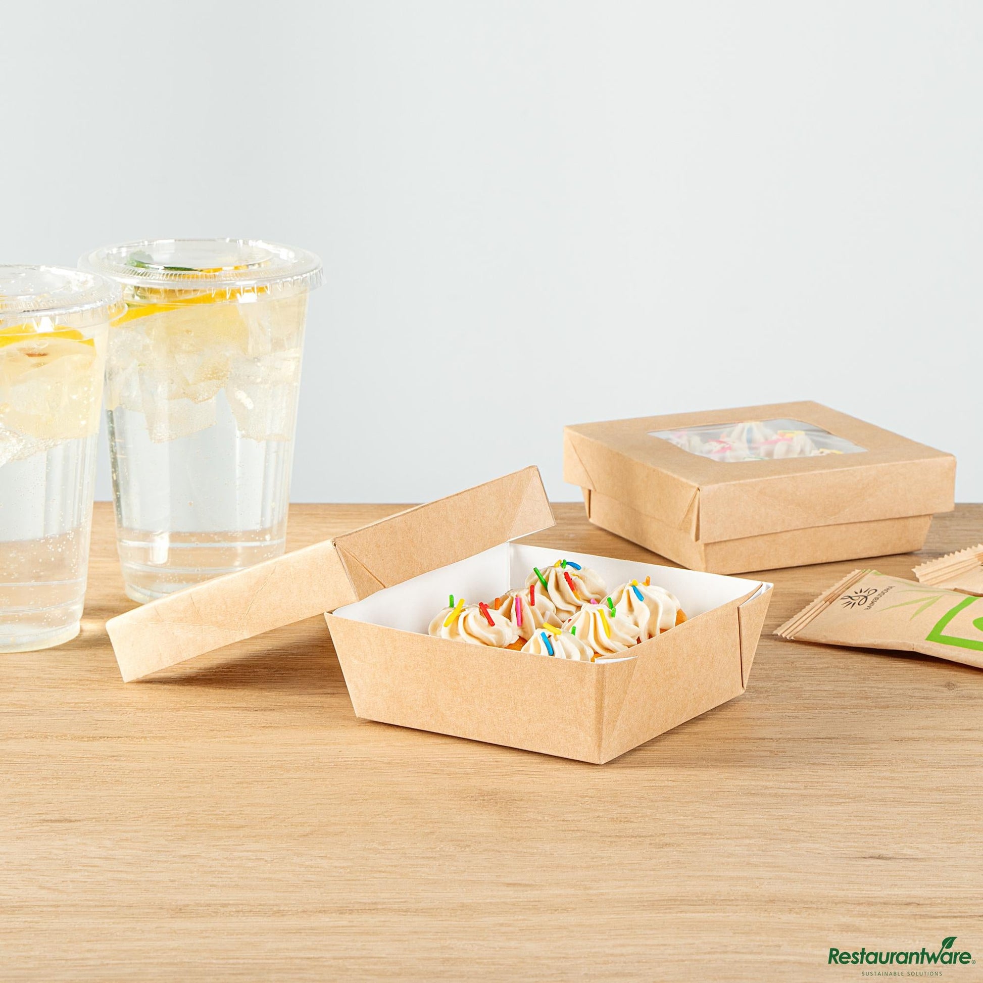 Wholesale Restaurantware Cafe Vision 13 Oz Square Kraft Paper Small Take Out Container - 4 1/2" X 4 1/2" X 1 1/2"- Bulk