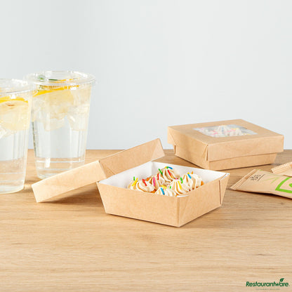 Wholesale Restaurantware Cafe Vision 13 Oz Square Kraft Paper Small Take Out Container - 4 1/2" X 4 1/2" X 1 1/2"- Bulk