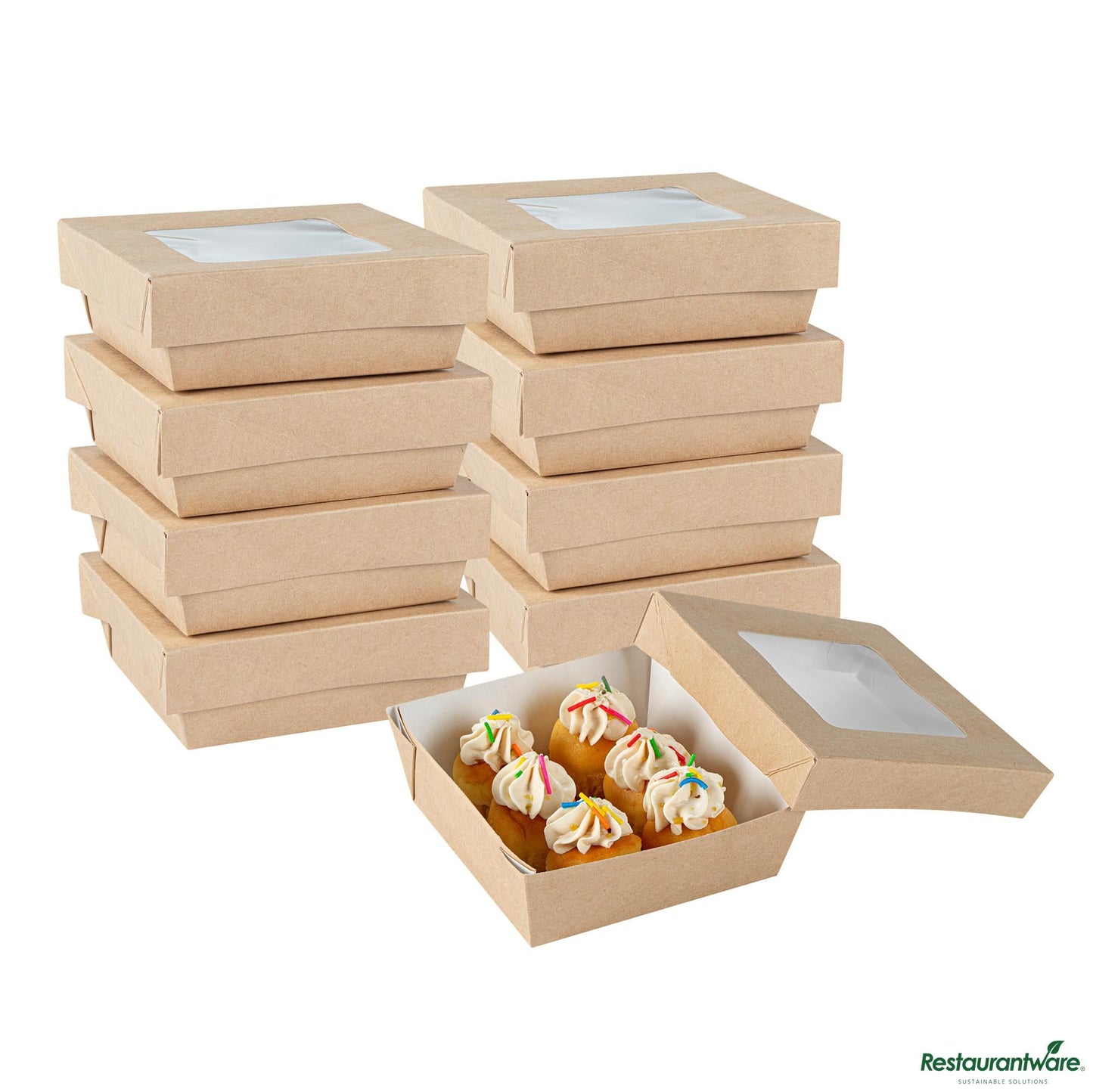 Wholesale Restaurantware Cafe Vision 13 Oz Square Kraft Paper Small Take Out Container - 4 1/2" X 4 1/2" X 1 1/2"- Bulk