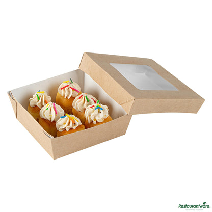 Wholesale Restaurantware Cafe Vision 13 Oz Square Kraft Paper Small Take Out Container - 4 1/2" X 4 1/2" X 1 1/2"- Bulk