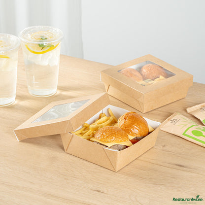 Wholesale Restaurantware Cafe Vision 27 Oz Square Kraft Paper Medium Take Out Container - 5 1/4" X 5 1/4" X 2"- Bulk