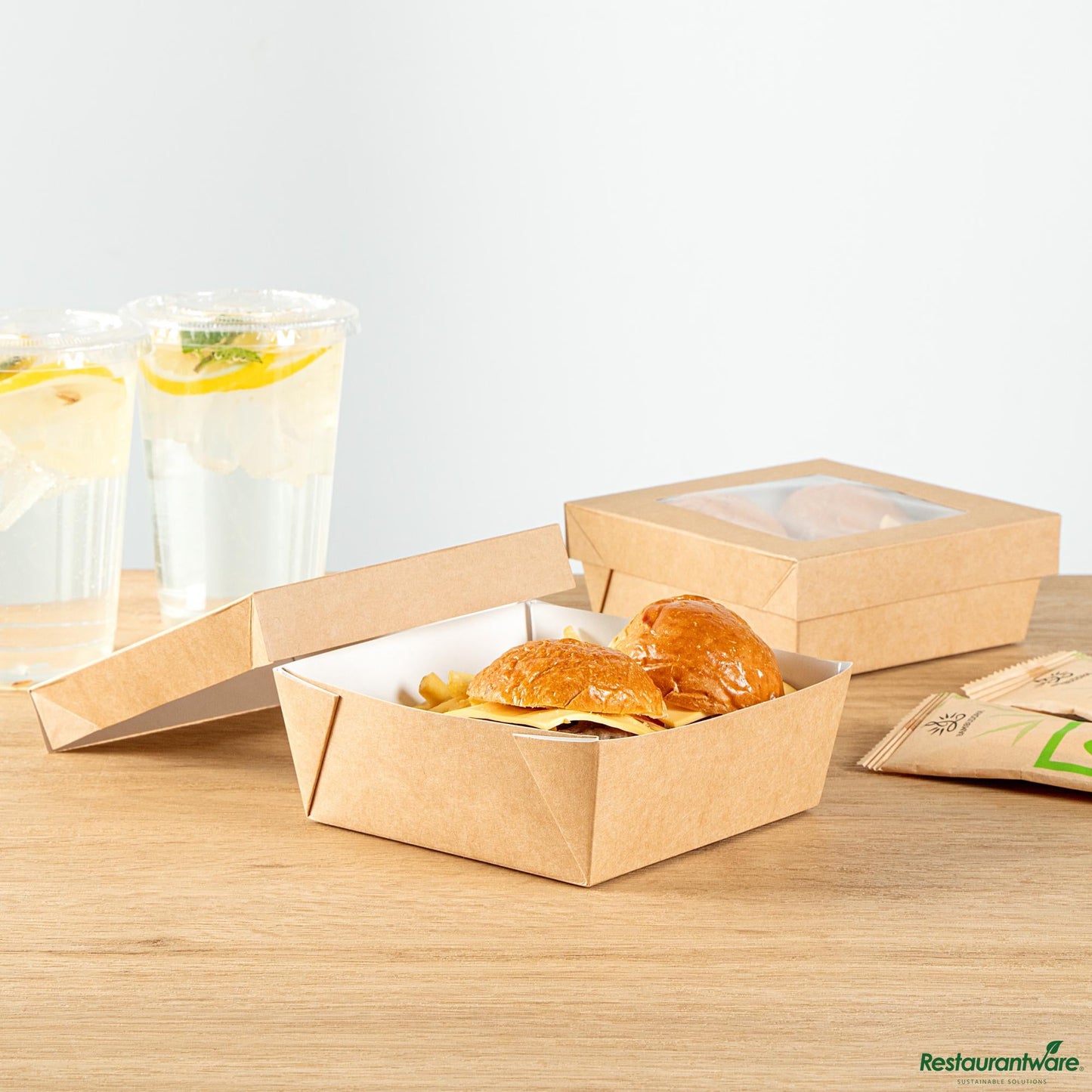 Wholesale Restaurantware Cafe Vision 27 Oz Square Kraft Paper Medium Take Out Container - 5 1/4" X 5 1/4" X 2"- Bulk