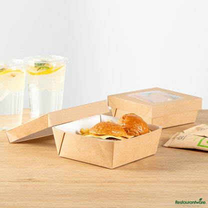 Wholesale Restaurantware Cafe Vision 27 Oz Square Kraft Paper Medium Take Out Container - 5 1/4" X 5 1/4" X 2"- Bulk