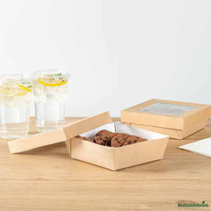 Wholesale Restaurantware Cafe Vision 34 Oz Square Kraft Paper Large Take Out Container - 6" X 6" X 2"- Bulk
