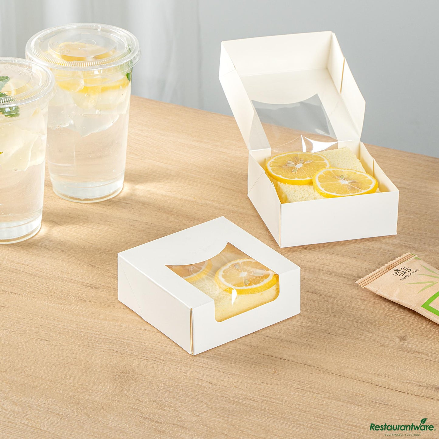Wholesale Restaurantware Cafe Vision 11 Oz Square White Paper Small Take Out Container - 4" X 4" X 1 1/2"- Bulk